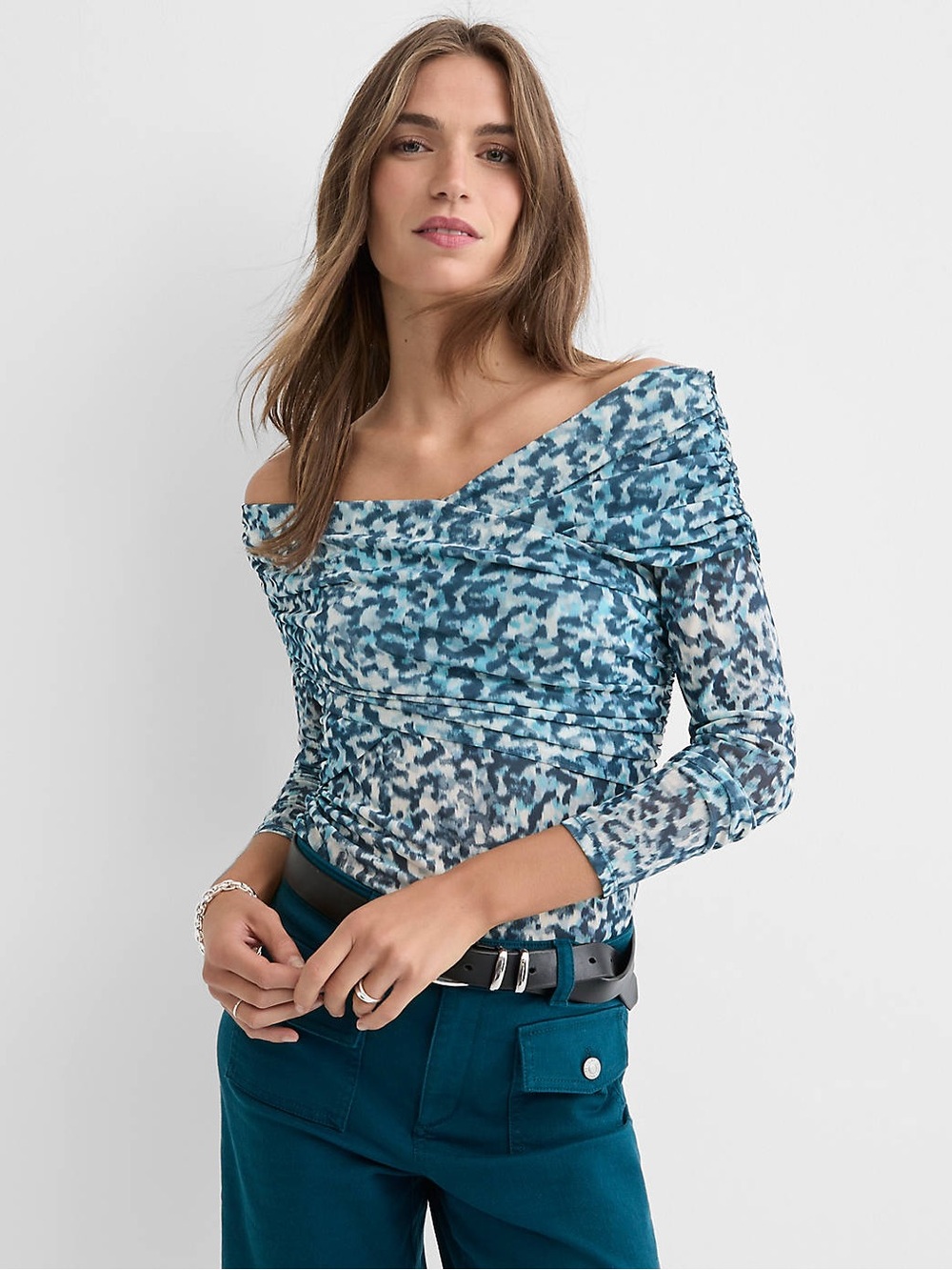 NWT LOFT Off-Shoulder Blue Printed Mesh Top - Size Medium